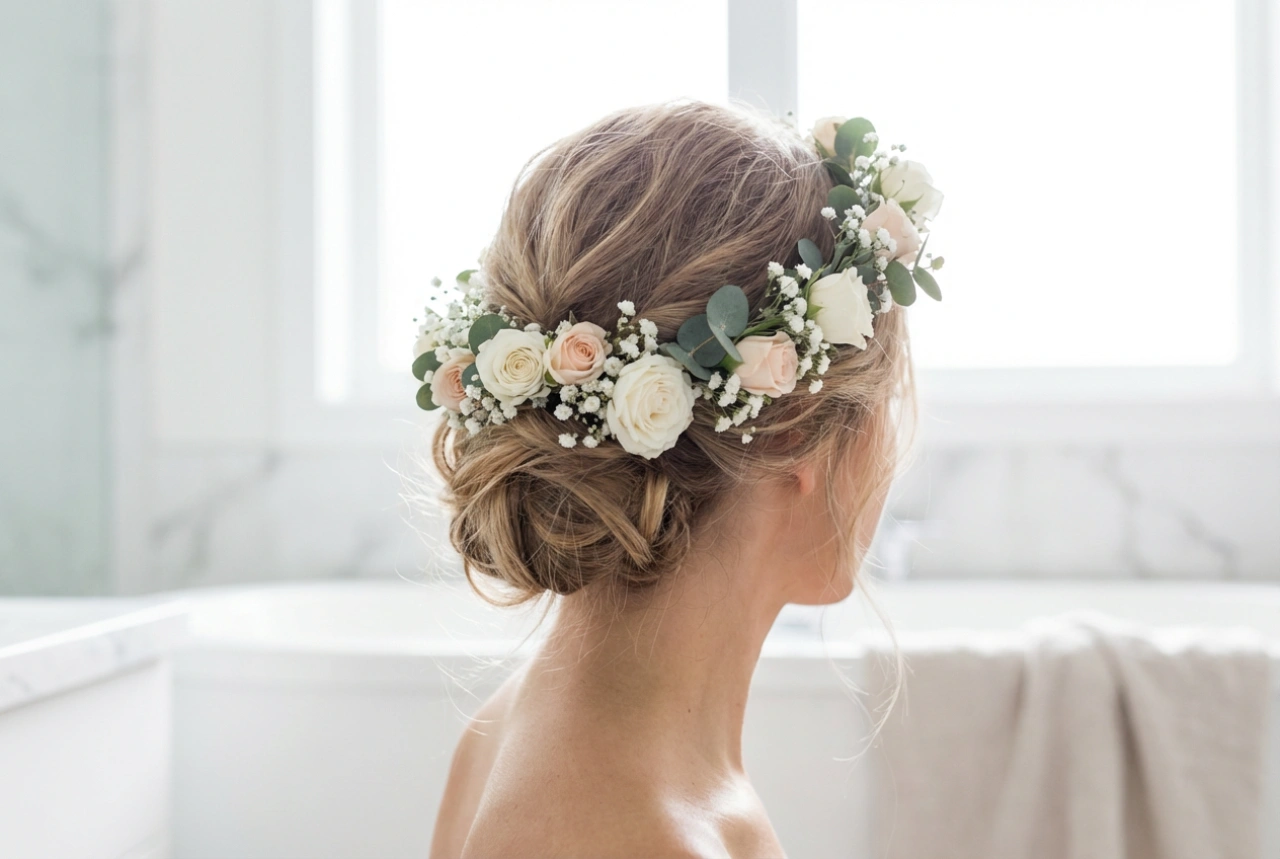 Romantik Topuzlar: Düğün ve Yaz İçin Çiçek Tacı ile Saç Modelleri
