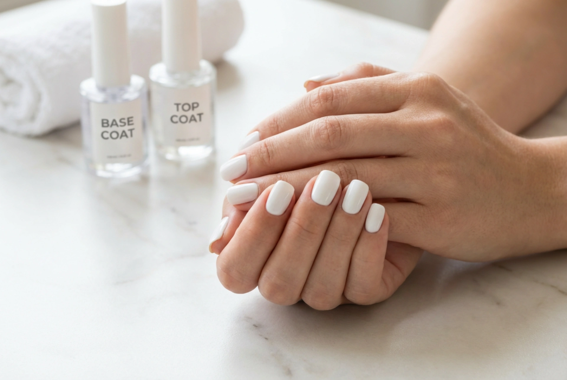 Çizgisiz Beyaz Kalıcı Oje: Baz, İki İnce Kat, Top Coat