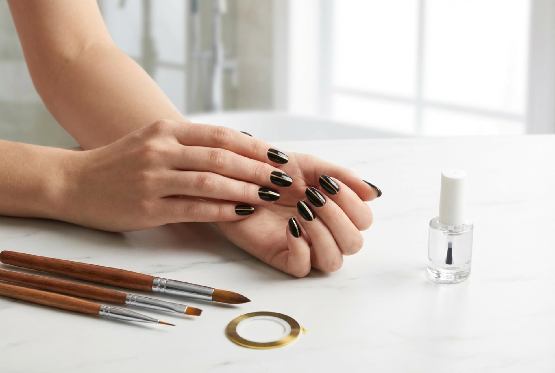 Siyah Tırnaklarda Altın Şerit: Bantlar, Fırçalar ve Top Coat ile Mükemmel Görünüm