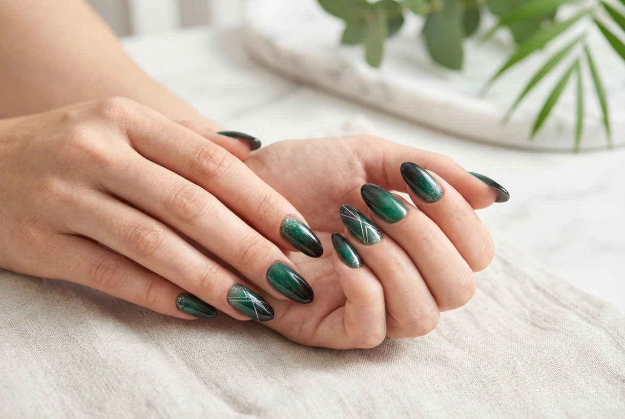 Siyah ve Yeşil Tırnaklar: Smokey Ombre, Cam Tozu Etkisi ve Geometrik Çizgiler