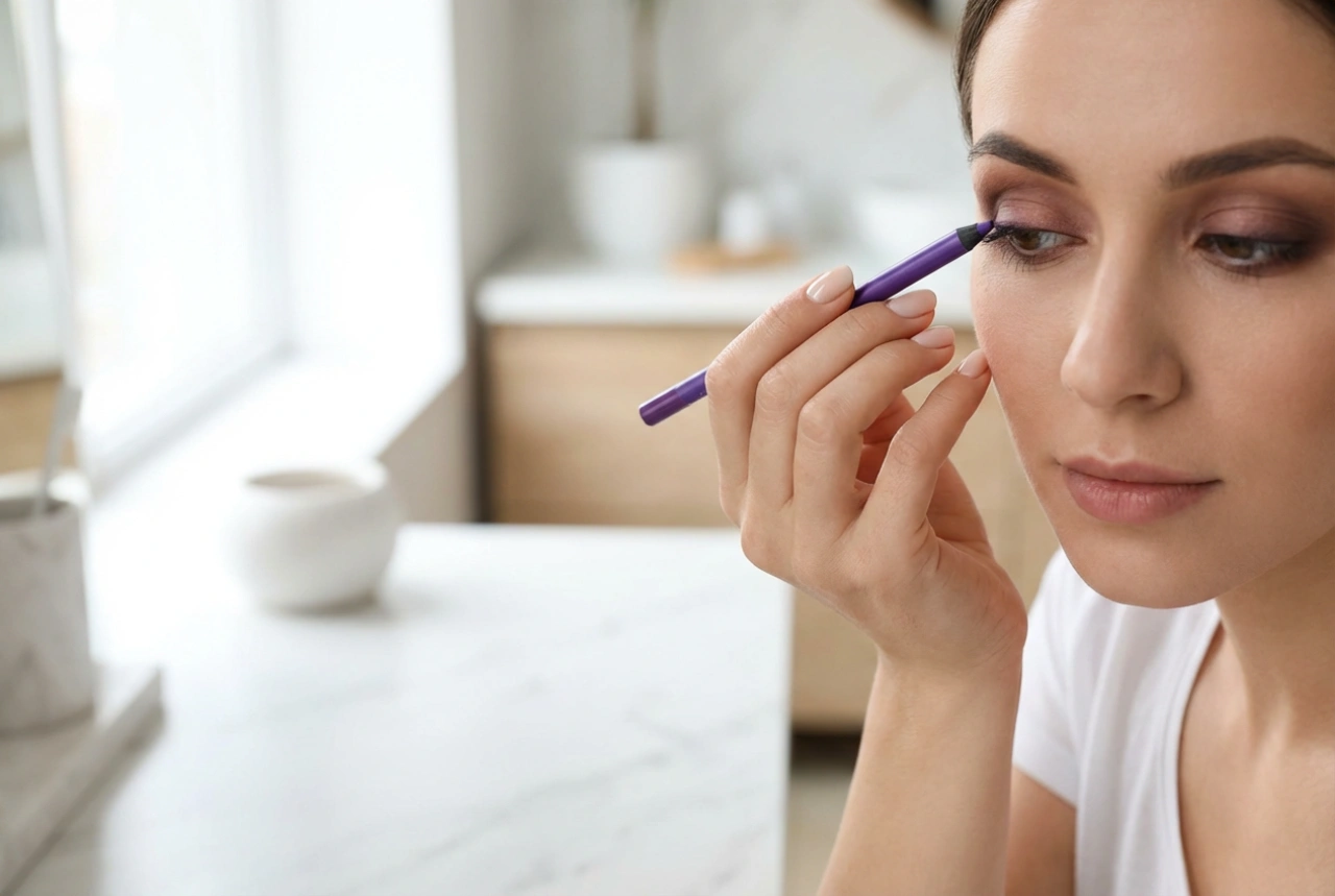 Mor Göz Kalemi: Gençleştirici Tonlar, Yumuşak Çizgiler ve Kahverengilerle Kombinasyonlar